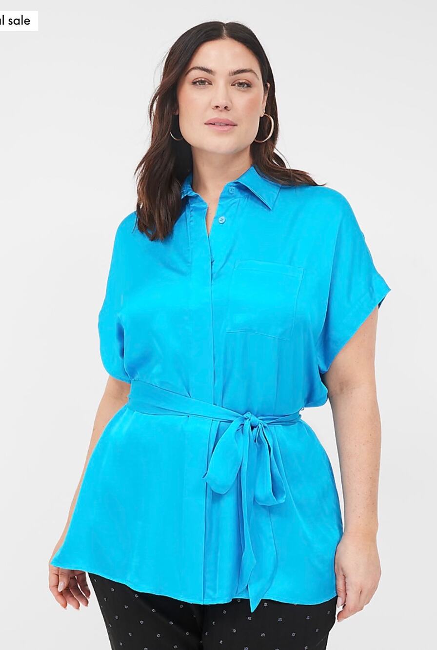 NWT Lane Bryant Relaxed Satin Aqua Blue Dolman-Sleeve Button-Front Tunic 14P